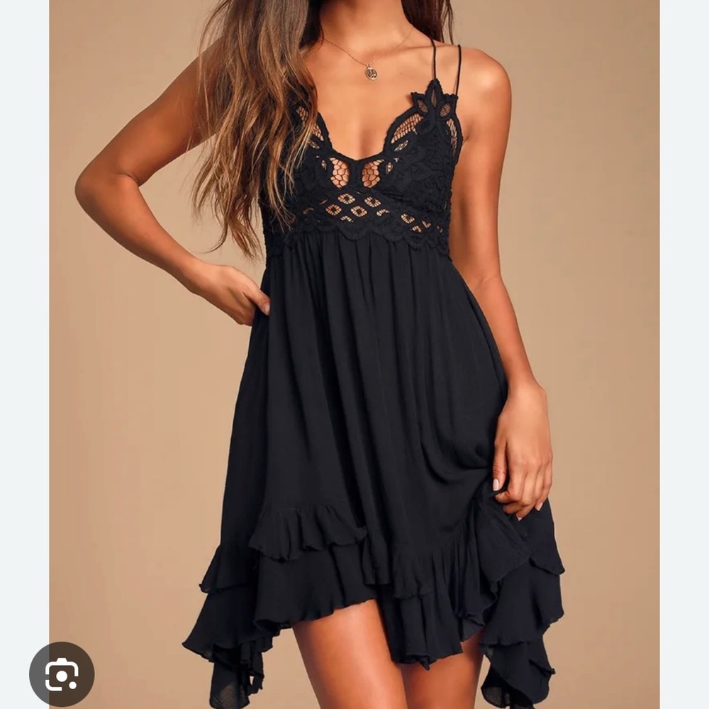 Free People Adella Lace Dress Black Ruffle Hem Size Small